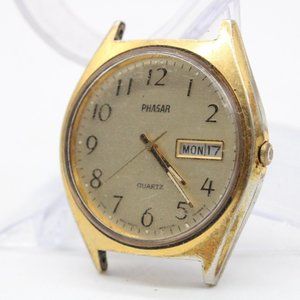 Vintage Phasar Watch Mens Gold Tone Stainless Steel Classic Gold Quartz Dial